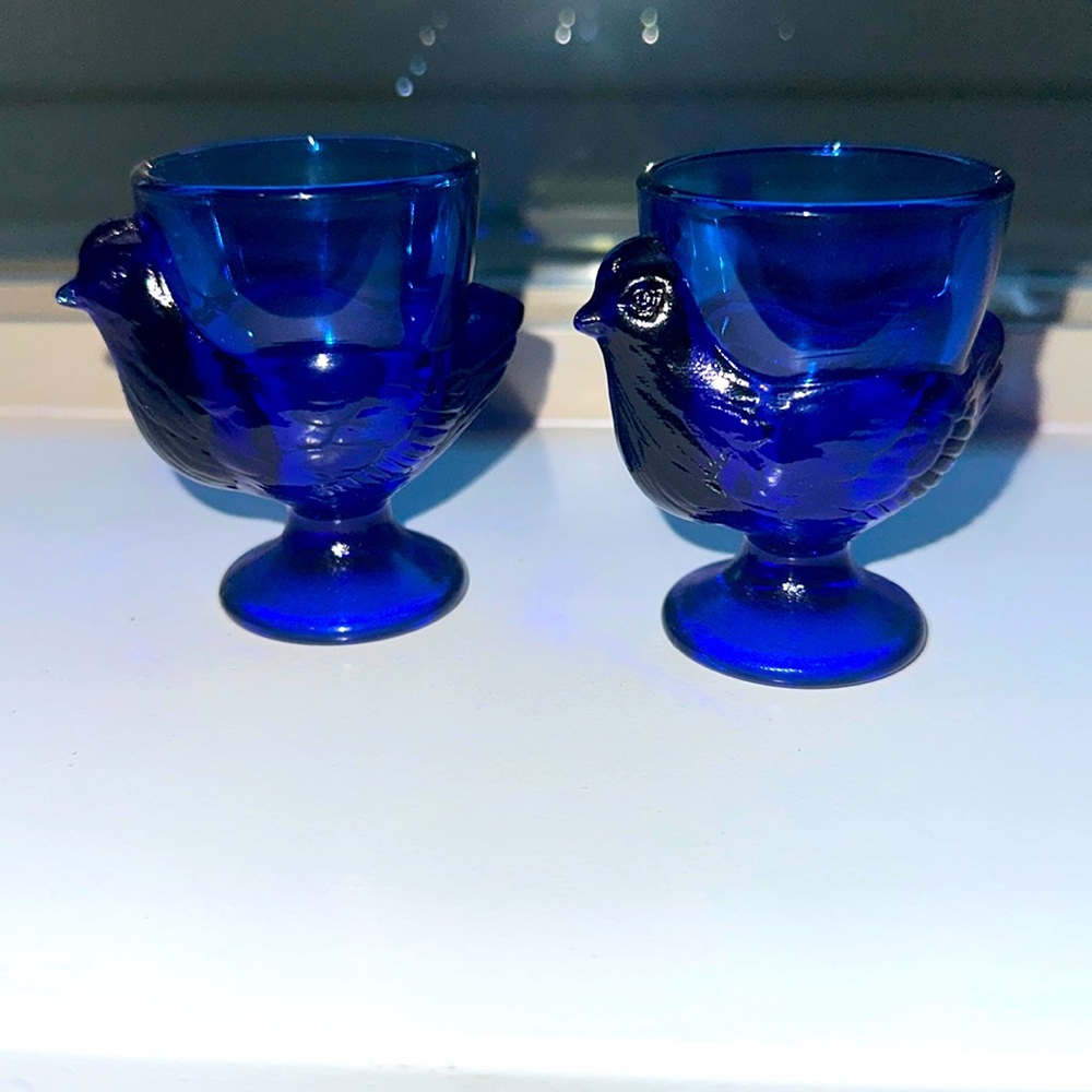 Vintage French Cobalt Egg Holder Hen Shape on side
Set of 2
